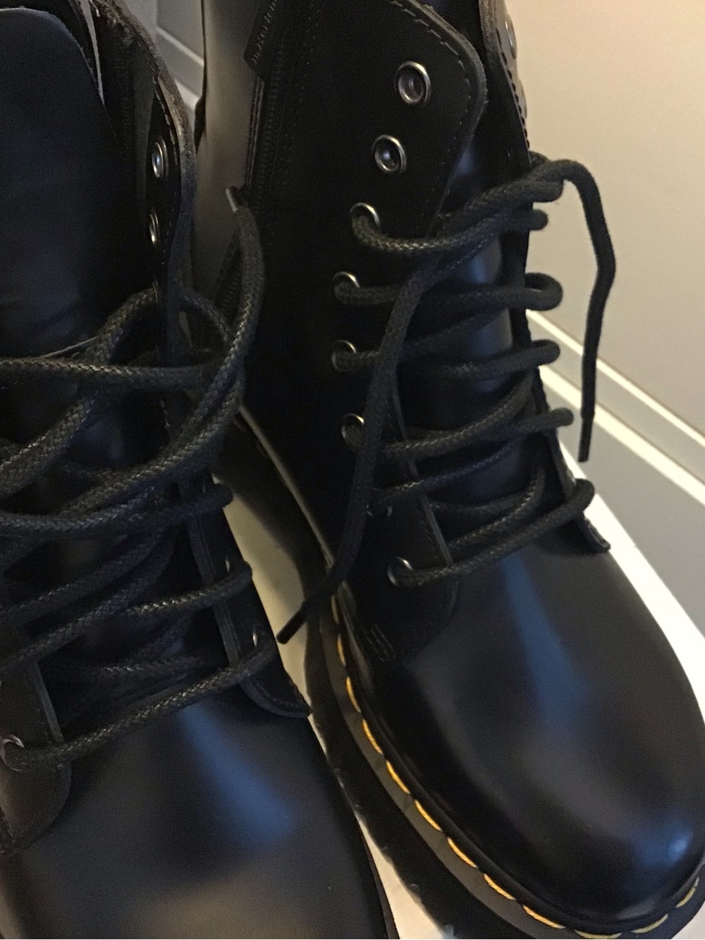 NWOT Dr. Martens Black Leather JadonPlatform Lace-Up Boots with Yellow Stitching - Picture 12 of 13
